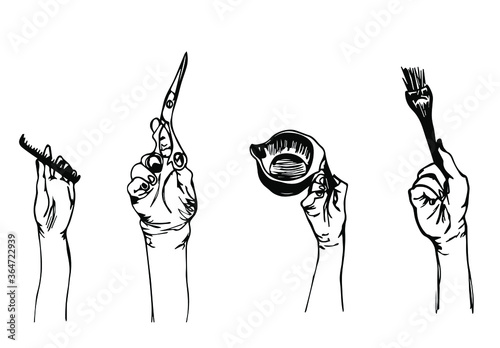 Vector illustration of hands holding haiedresser's tools. Hand-drawn sketch