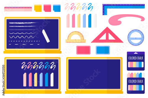 Set of vector cartoon illustrations with school blackboard, colored chalk, sponge, stickers, rulers on white background.