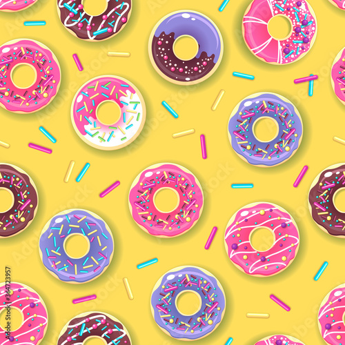 Seamless pattern of colorful sweet donuts. Junk food background