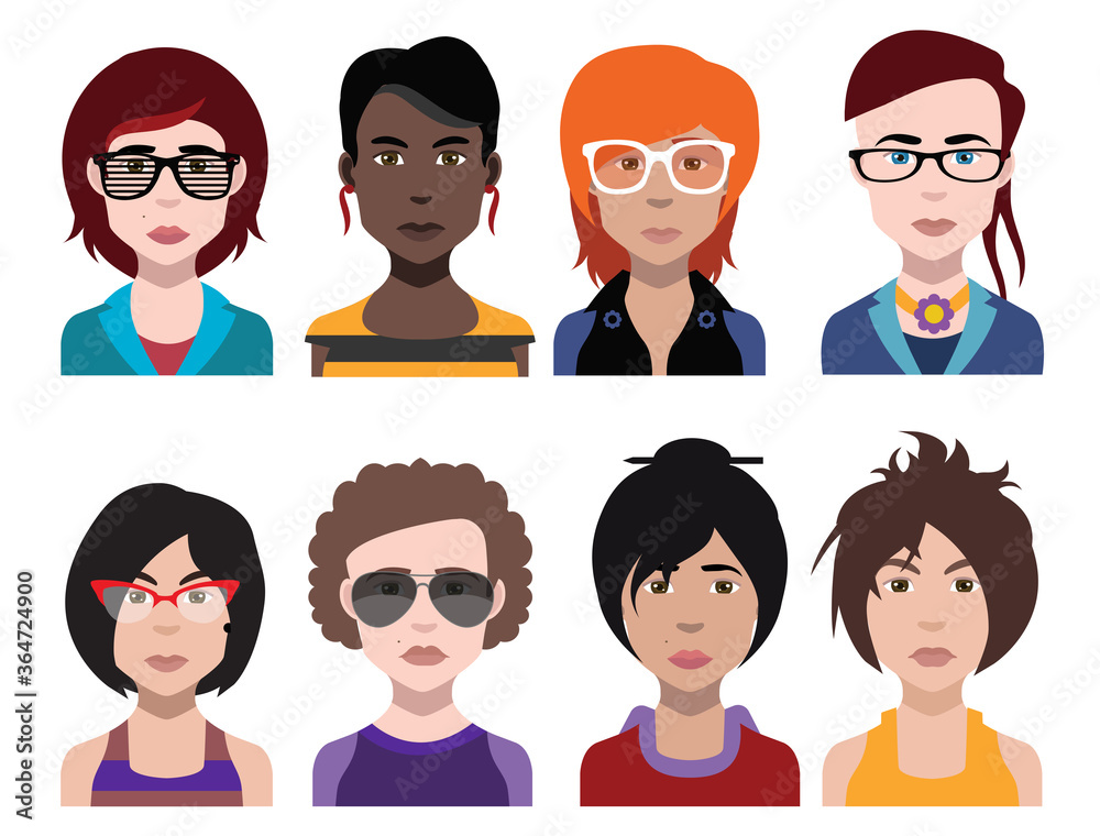 Set of people icons in flat style with faces. Vector women, men with color background Set of people icons in flat style with faces. Vector women, men with color background