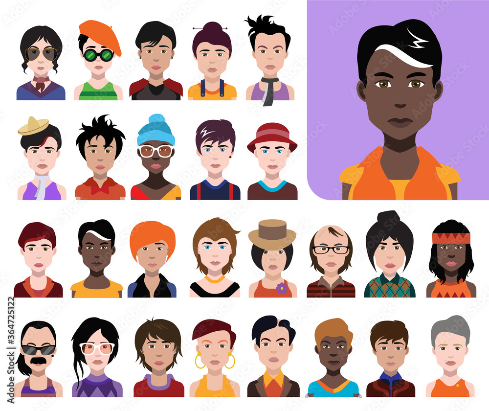 Set of people icons in flat style with faces. Vector women, men with color background Set of people icons in flat style with faces. Vector women, men with color background