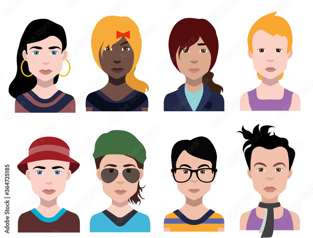 Set of people icons in flat style with faces. Vector women, men with color background Set of people icons in flat style with faces. Vector women, men with color background