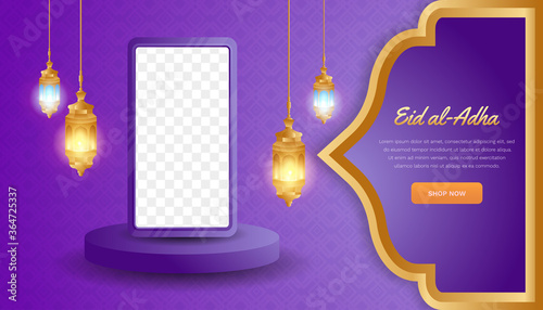 Background Islamic, ed al-Ad ha, for social media banner Islamic, with mockup stand phone