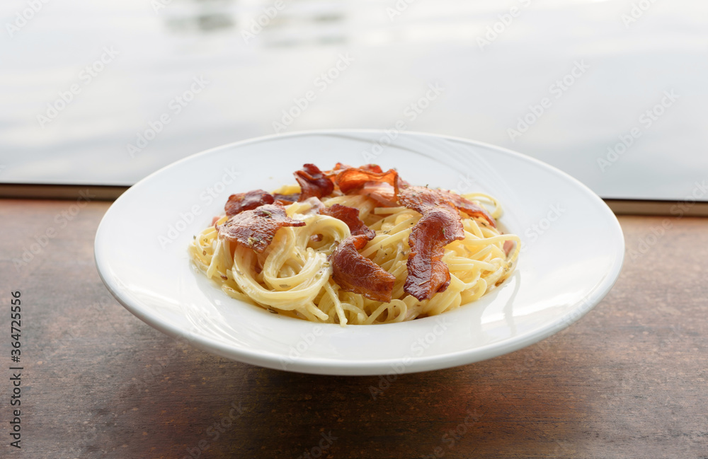 Carbonara pasta Spaghetti bacon noodle on wood Carbonara pasta Spaghetti bacon noodle on wood