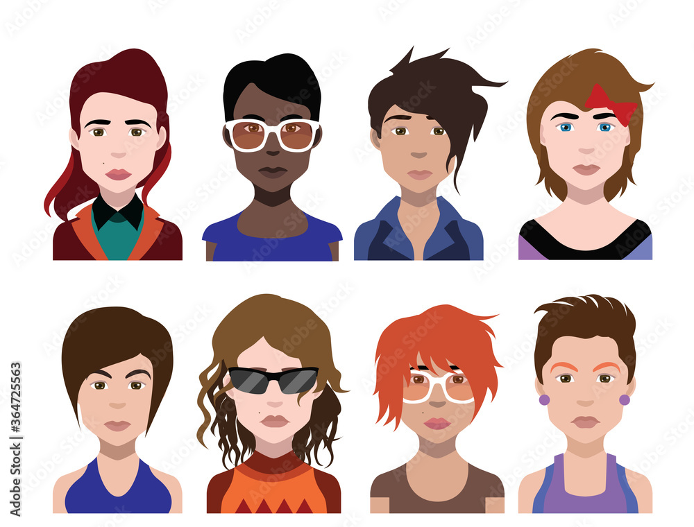 Set of people icons in flat style with faces. Vector women, men with color background Set of people icons in flat style with faces. Vector women, men with color background