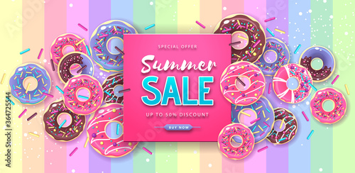 Colorful summer big sale poster with sweet donuts on rainbow background. Summertime background. Junk food background. Typography design