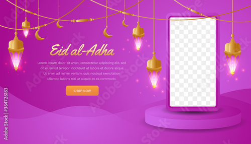 Background Islamic, eid al-Adha, for social media banner Islamic, with mockup stand phone