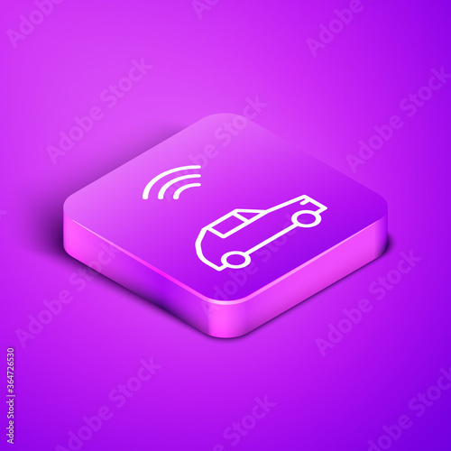 Isometric line Smart car system with wireless connection icon isolated on purple background. Purple square button. Vector.