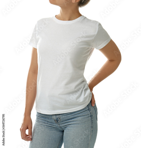 Woman in t-shirt on white background, closeup. Space for design