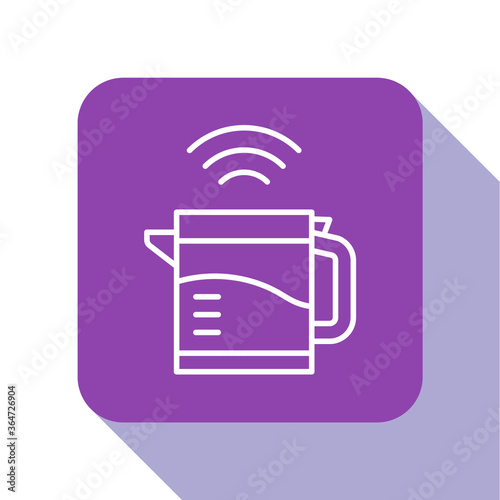 White line Smart electric kettle system icon isolated on white background. Teapot icon. Internet of things concept with wireless connection. Purple square button. Vector.