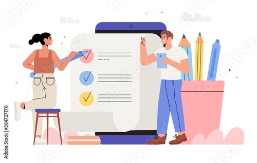 Business Team fill out checklist in mobile application. To do list, teamwork, successeful work planning, mission completed concept for web or landing page, ui, banner, presentation, social media.