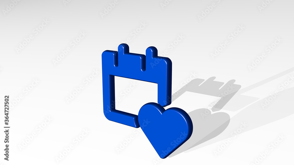 calendar favorite heart stand with shadow. 3D illustration of metallic sculpture over a white background with mild texture. design and business
