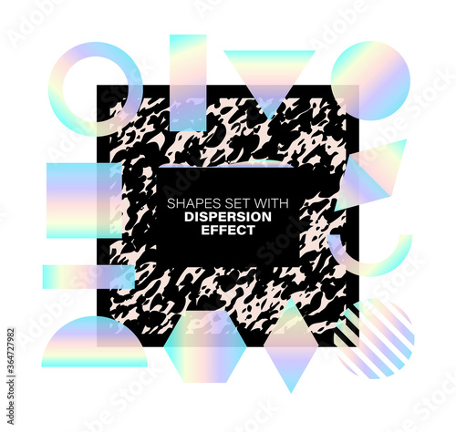 Set of shapes with dispersion effect. Colorful geometric rainbow shapes for create trendy placards, brochures, retro art, posters, covers and banners in memphis and hipster style. Vector illustration