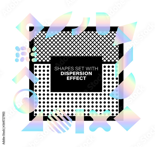 Set of shapes with dispersion effect. Colorful geometric rainbow shapes for create trendy placards, brochures, retro art, posters, covers and banners in memphis and hipster style. Vector illustration