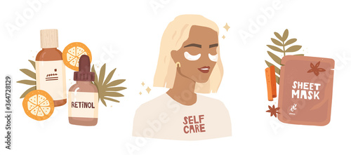 Vector illustrations set. Girl portrait. Uses patches for skincare. T-shirt with self-care lettering. Cosmetic packaging, mask, serum bottle with retinol, tonic. Testing cosmetics, reviews, influencer