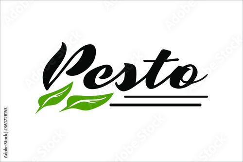 Pesto with green basil leaf and hand lettering logo vector