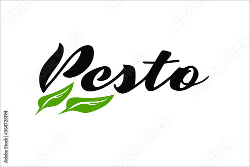 Pesto with green basil leaf and hand lettering logo vector