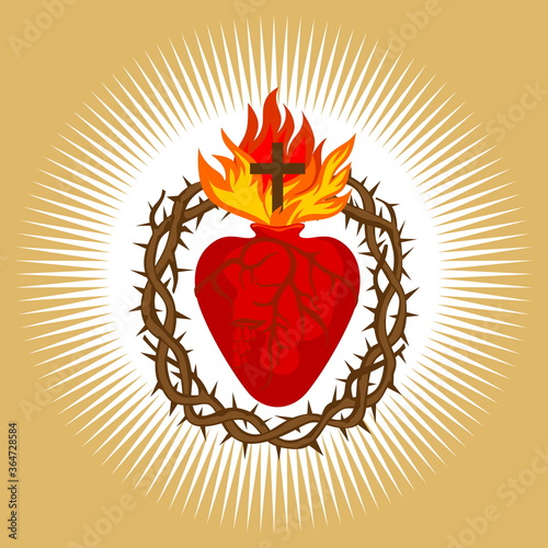 Sacred Heart of Jesus Christ, Lord and Savior of the world. Cross in the flame of the Holy Spirit, crown of thorns and holy blood.