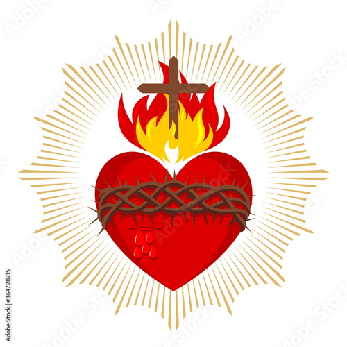 Sacred Heart of Jesus Christ, Lord and Savior of the world. Cross in the flame of the Holy Spirit, crown of thorns and holy blood.