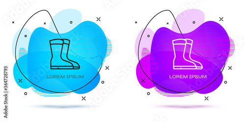 Line Fishing boots icon isolated on white background. Waterproof rubber boot. Gumboots for rainy weather, fishing, hunter, gardening. Abstract banner with liquid shapes. Vector.