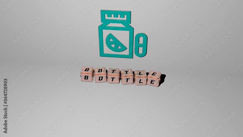 Obraz premium 3D illustration of BOTTLE graphics and text made by metallic dice letters for the related meanings of the concept and presentations. background and glass