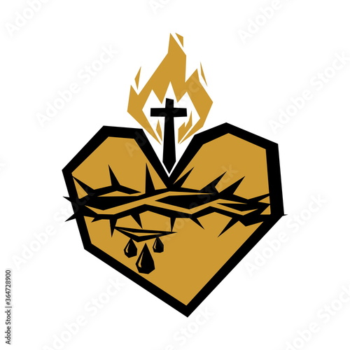 Sacred Heart of Jesus Christ, Lord and Savior of the world. Cross in the flame of the Holy Spirit, crown of thorns and holy blood.