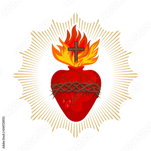 Sacred Heart of Jesus Christ, Lord and Savior of the world. Cross in the flame of the Holy Spirit, crown of thorns and holy blood.