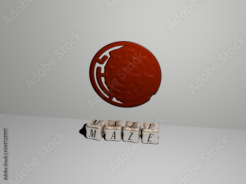 3D representation of MAZE with icon on the wall and text arranged by metallic cubic letters on a mirror floor for concept meaning and slideshow presentation. illustration and labyrinth