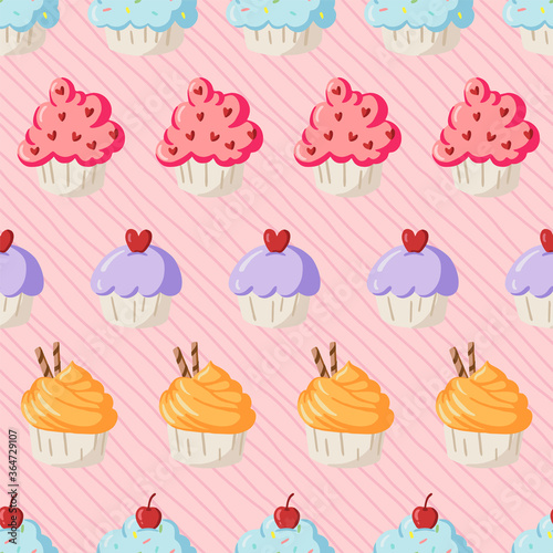 Vector colourful Pastel Cupcakes Hand drawn seamless pattern