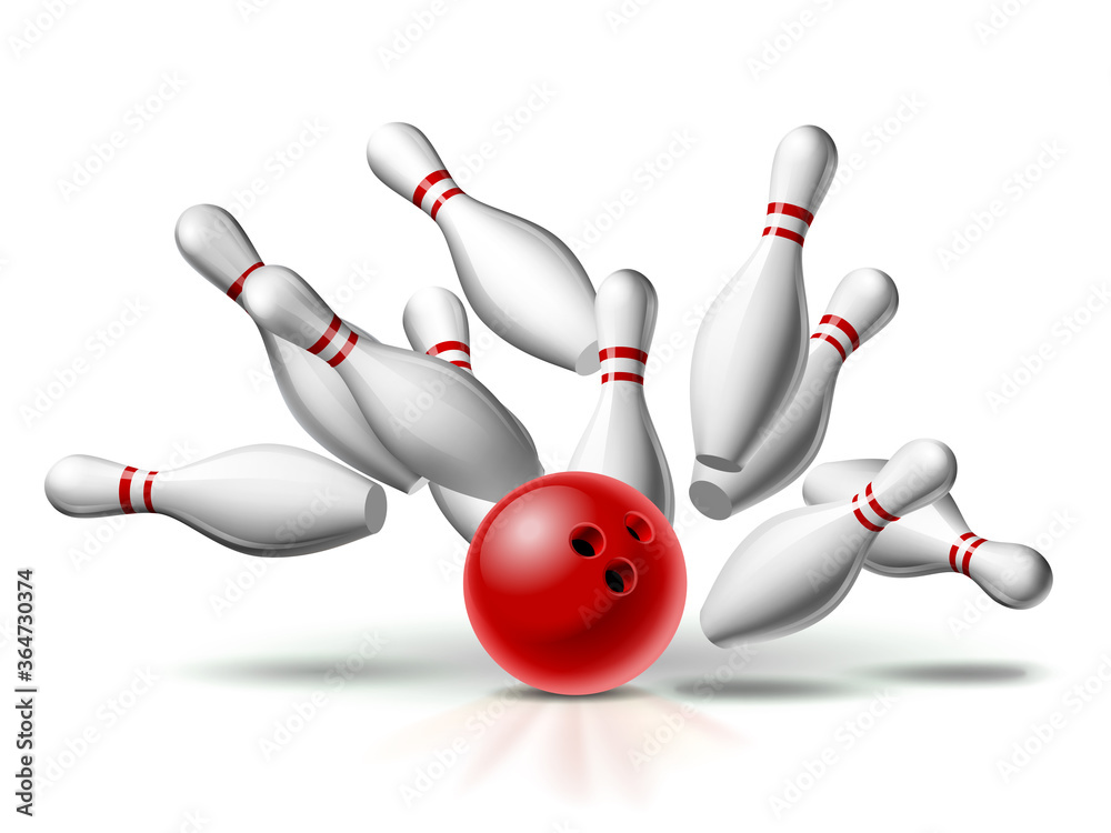 Red Bowling Ball crashing into the pins. Illustration of bowling strike isolated on white background. Red Bowling Ball crashing into the pins. Illustration of bowling strike isolated on white background.