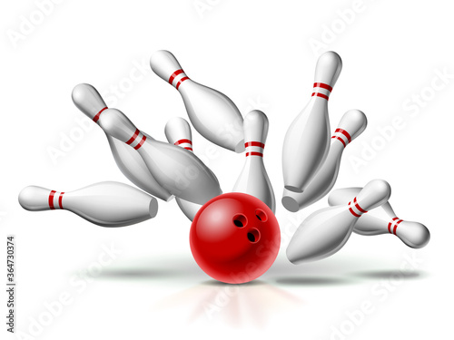 Fotografia, Obraz Red Bowling Ball crashing into the pins