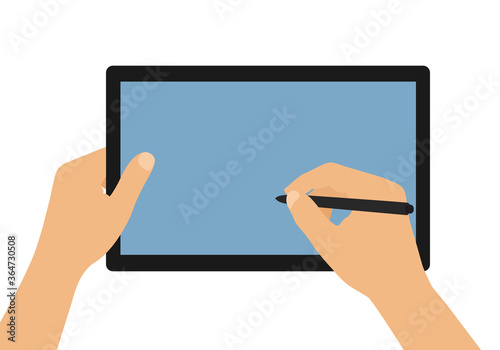 Flat design cartoon illustration of man or woman hands holding tablet with blank blue screen. Stylus signature on touch screen, vector