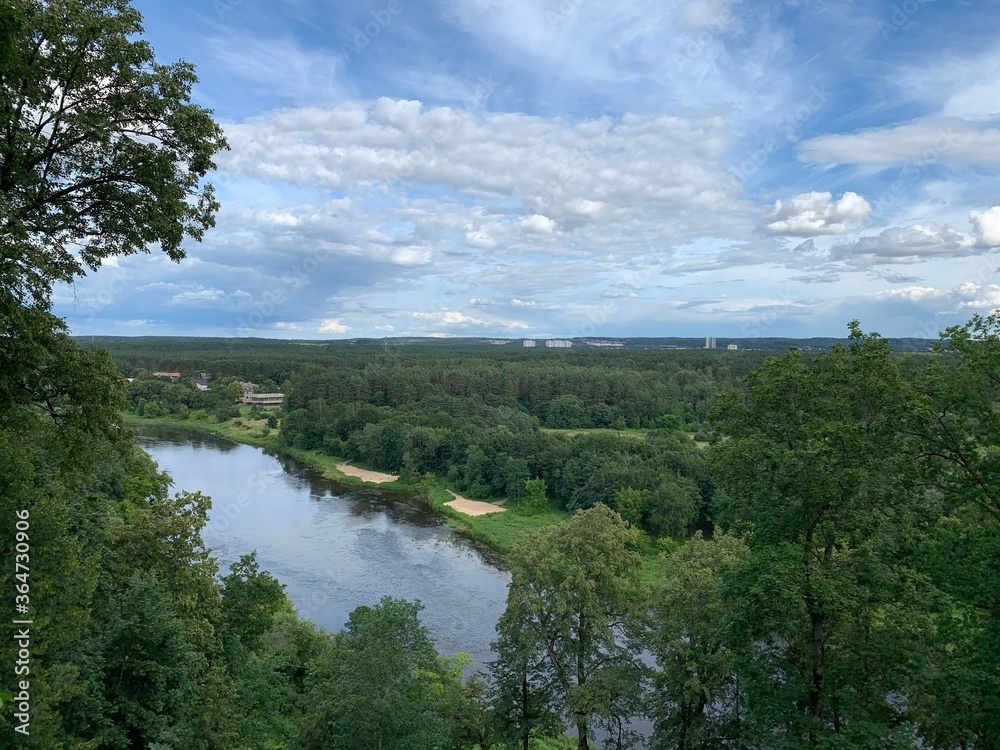 Neris river and forest. View from the observation area at Verkiai regional Park ( Verkiu parkas). Vilnius, Lithuania