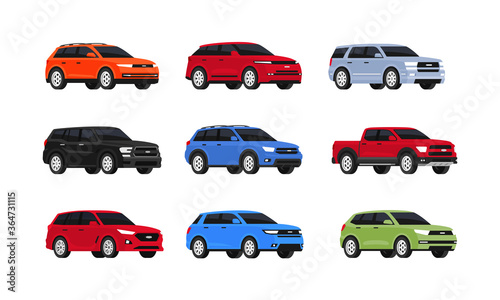 Car suv collection isolated on white background. Auto side view. Set of of different models of cars. City vehicles transport. Vector illustrayion in flat style. Red, blue, green and yellow automobile.