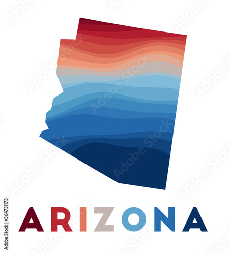 Arizona map. Map of the US state with beautiful geometric waves in red and blue colors. Vivid Arizona shape. Vector illustration.