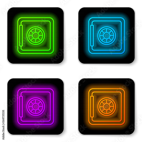 Glowing neon line Safe icon isolated on white background. The door safe a bank vault with a combination lock. Reliable Data Protection. Black square button. Vector.