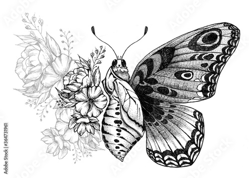 Butterfly tattoo design with flowers. Turning chrysalis into butterfly. Birth of butterfly from cocoon. Butterfly with wing of flowers. Tattoo for forearm, thigh, back. Symbol of transformation photo