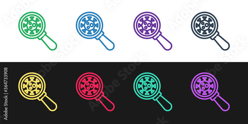 Set line Virus under magnifying glass icon isolated on black and white background. Corona virus 2019-nCoV. Bacteria and germs, microbe, fungi. Vector..