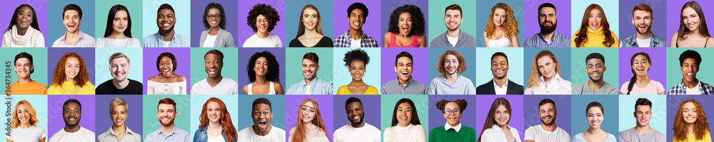 Multiracial Happy People Faces On Violet And Turquoise Backgrounds Multiracial Happy People Faces On Violet And Turquoise Backgrounds