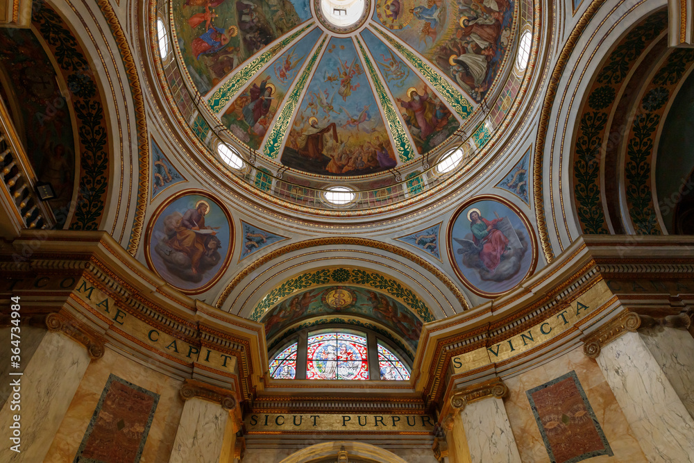 The decoratively painted dome in the main hall of the Stella Maris Monastery which is located on Mount Carmel in Haifa city in northern Israel