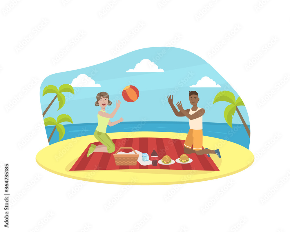 Happy Couple Having Picnic and Playing Ball, Young Man and Woman Having Picnic on Tropical Beach at Summer Holidays Vector Illustration