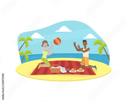 Happy Couple Having Picnic and Playing Ball  Young Man and Woman Having Picnic on Tropical Beach at Summer Holidays Vector Illustration