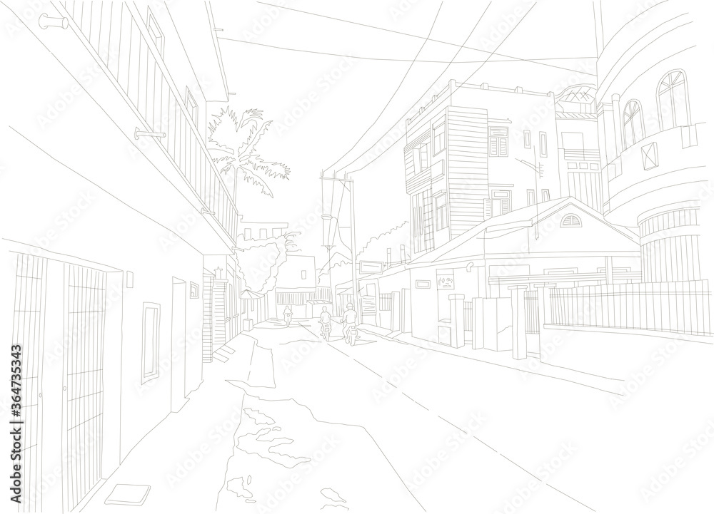 little street Nha Trang, Vietnam, people on mopeds, sketch, linear drawing