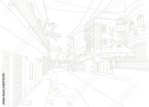 little street Nha Trang, Vietnam, people on mopeds, sketch, linear drawing