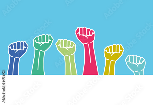 Fists hands up vector illustration. Concept of unity, revolution, fight, cooperation. Flat outline design