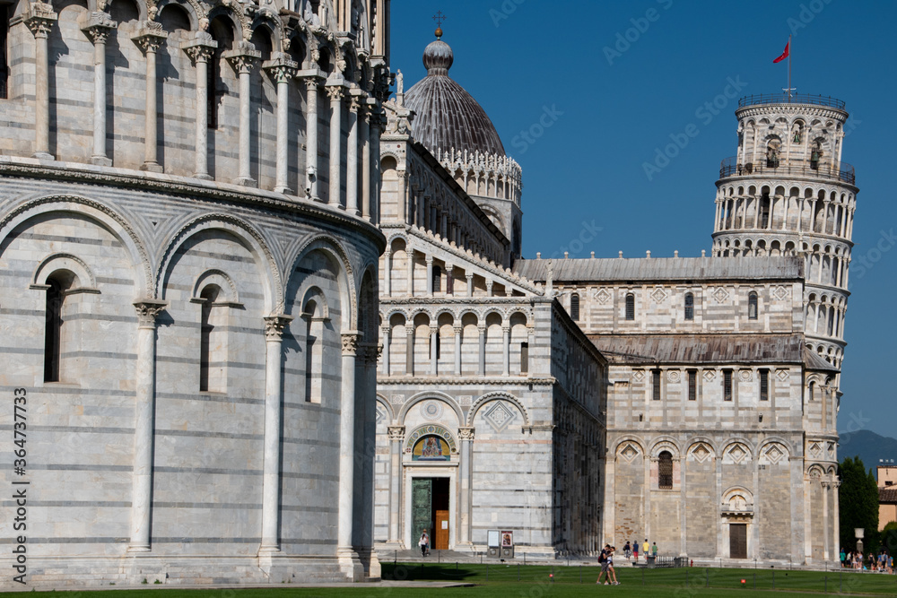 Panorama of the leaning tower of Pisa with the cathedral (Duomo) and the baptistry in Pisa, Tuscany, Italy