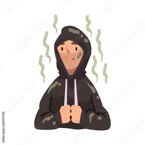 Homeless Man in Dirty Clothing, Guy Having Personal Hygiene Problems Vector Illustration