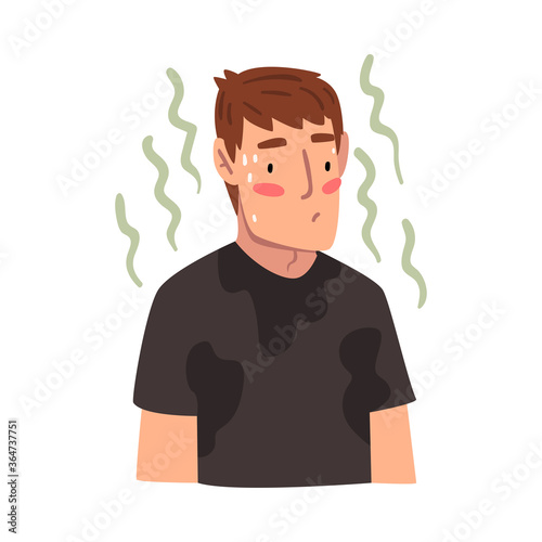 Sweating Young Man Feeling Bad Smell Coming From His Body, Personal Hygiene Problem Vector Illustration