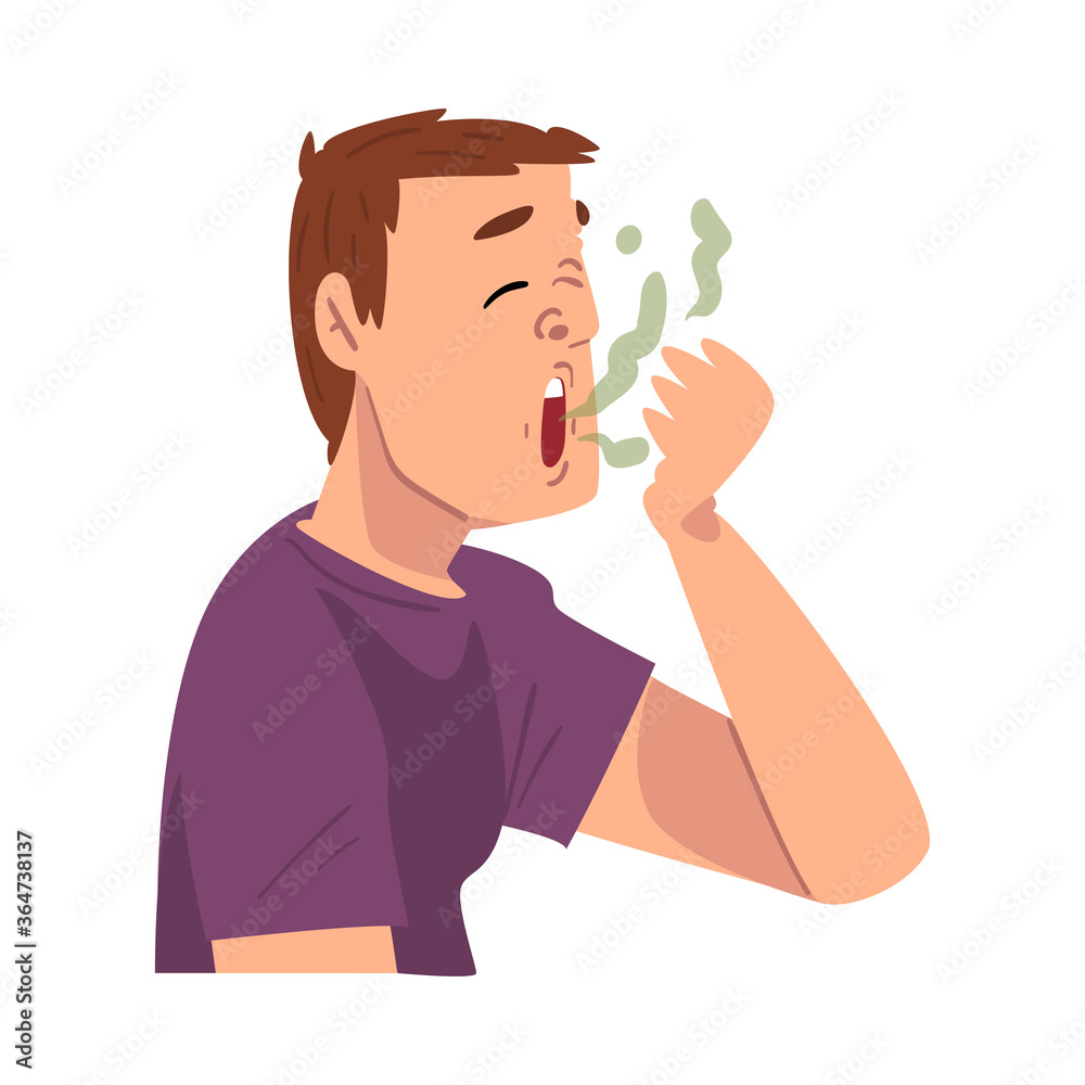 Young Man Breathing to His Hand to Check and Smell His Breath, Bad Smell Vector Illustration Young Man Breathing to His Hand to Check and Smell His Breath, Bad Smell Vector Illustration