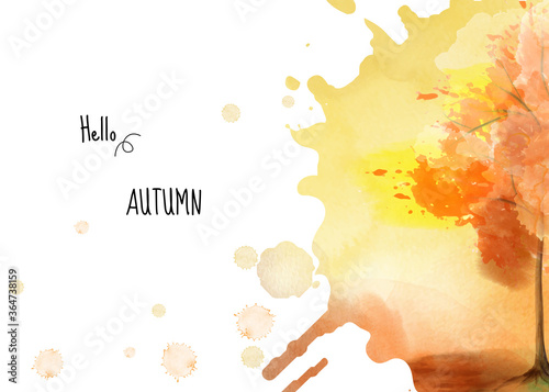 Autumn background with a tree on watercolor stain painting
